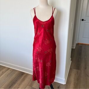 Vintage California Dynasty Red Satin Slip Dress with Delicate Print & Side Slit